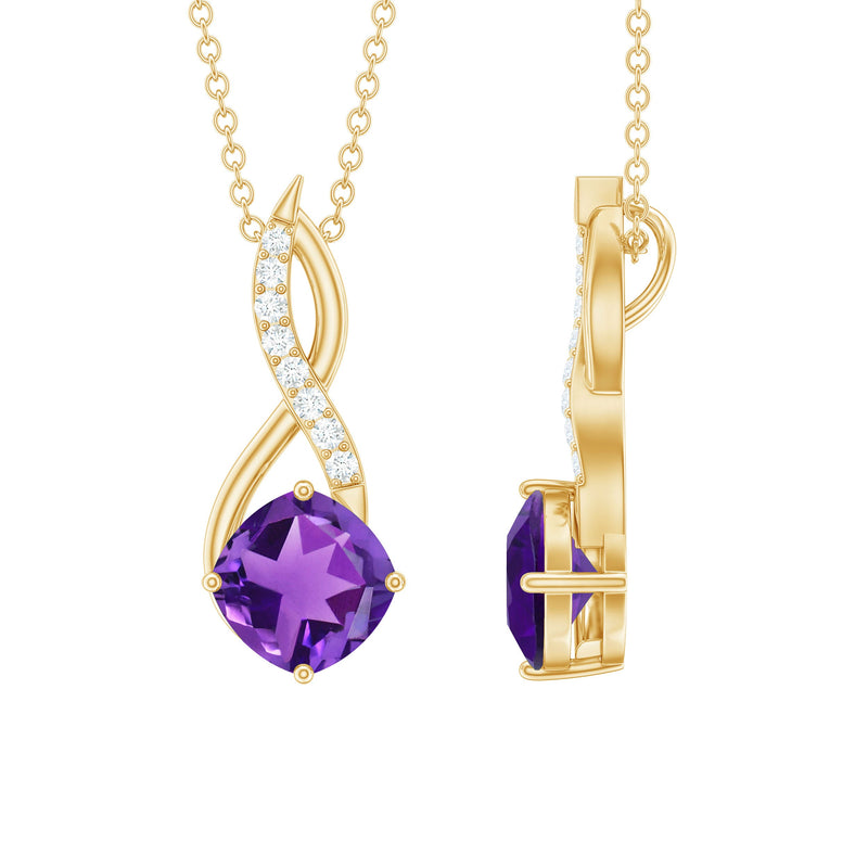 Natural 2 Carat Cushion Cut Amethyst Infinity Necklace with Diamond