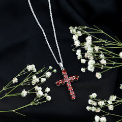 Genuine 3.7 Carat Garnet Cross Pendant Necklace