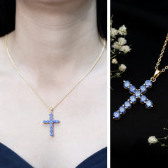 Simple Created Blue Sapphire Cross Pendant Necklace