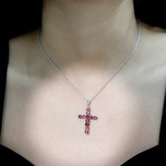Natural Pink Tourmaline Cross Pendant Necklace for Women