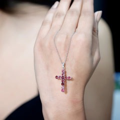 Natural Pink Tourmaline Cross Pendant Necklace for Women