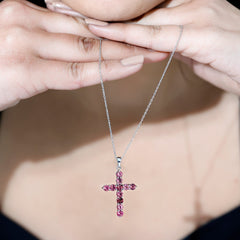 Natural Pink Tourmaline Cross Pendant Necklace for Women