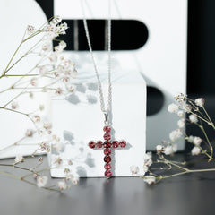 Natural Pink Tourmaline Cross Pendant Necklace for Women