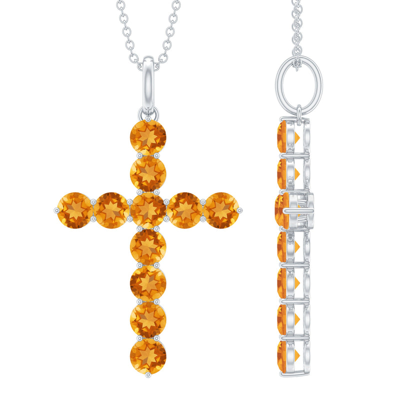 Natural Citrine Silver Cross Necklace with Chain