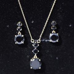 Genuine 5 Carat Black Onyx Three Stone Necklace With Earrings