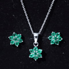 Genuine Round Cut Emerald Flower Necklace and Earrings Set