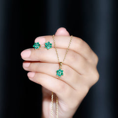 Genuine Round Cut Emerald Flower Necklace and Earrings Set