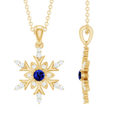 Lab Created Blue Sapphire Designer Snowflake Pendant with Diamond