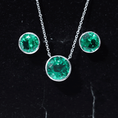 Certified Created Emerald Solitaire Jewelry Set in Bezel Setting