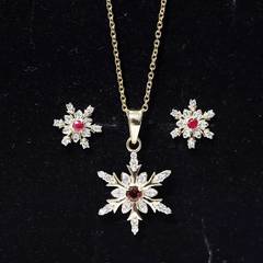 Lab Grown Ruby and Diamond Snowflake Necklace With Earrings