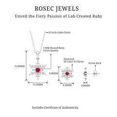 Lab Grown Ruby and Diamond Snowflake Necklace With Earrings