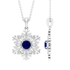 Genuine 1 Carat Blue Sapphire Snowflake Pendant Necklace with Diamond