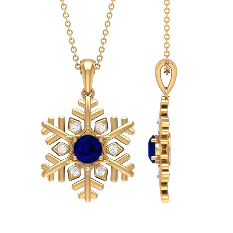 Genuine 1 Carat Blue Sapphire Snowflake Pendant Necklace with Diamond