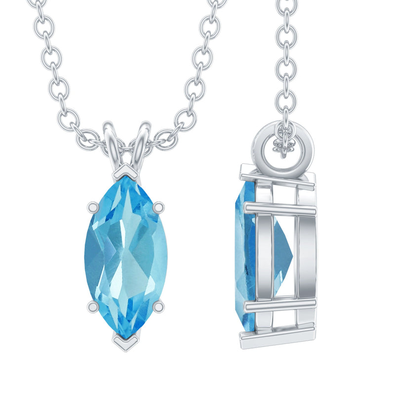 Real 0.7 Carat Marquise Swiss Blue Topaz Solitaire Pendant with Silver Chain