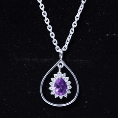 1 Carat Amethyst Teardrop Necklace with Moissanite Halo