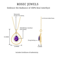 1 Carat Amethyst Teardrop Necklace with Moissanite Halo