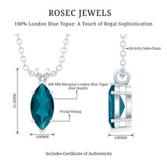 Real 0.7 Carat Marquise London Blue Topaz Necklace with Silver Chain