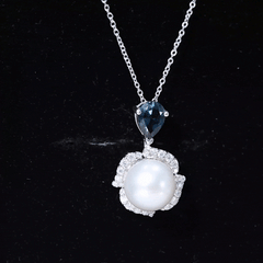 Designer Freshwater Pearl Bridal Necklace with London Blue Topaz