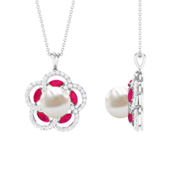 Freshwater Pearl Flower Pendant with Created Ruby and Moissanite