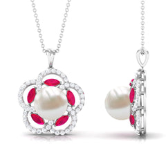 Freshwater Pearl Flower Pendant with Created Ruby and Moissanite
