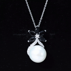 Natural Freshwater Pearl Flower Pendant with Black Onyx and Moissanite