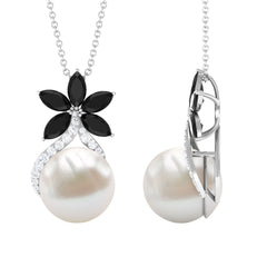 Natural Freshwater Pearl Flower Pendant with Black Onyx and Moissanite