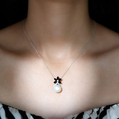 Natural Freshwater Pearl Flower Pendant with Black Onyx and Moissanite