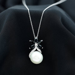 Natural Freshwater Pearl Flower Pendant with Black Onyx and Moissanite