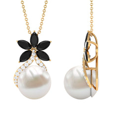 Natural Freshwater Pearl Flower Pendant with Black Onyx and Moissanite