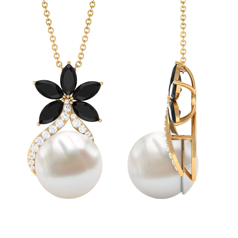 Natural Freshwater Pearl Flower Pendant with Black Onyx and Moissanite