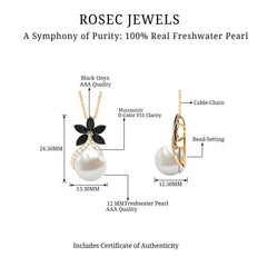 Natural Freshwater Pearl Flower Pendant with Black Onyx and Moissanite