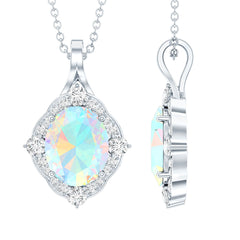 1.3 Carat Oval Cut Rainbow Opal Art Deco Necklace with Moissanite Halo
