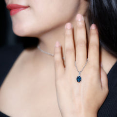 Real 2.5 Carat Oval Shape Real London Blue Topaz Oval Necklace With Silver Chain