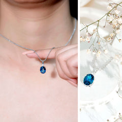Real 2.5 Carat Oval Shape Real London Blue Topaz Oval Necklace With Silver Chain