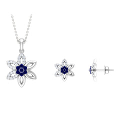 Created Blue Sapphire Flower Jewelry Set with Diamond