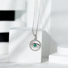 Real Emerald and Diamond Evil Eye Pendant Necklace