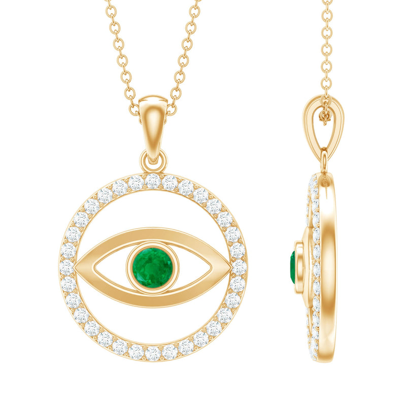 Real Emerald and Diamond Evil Eye Pendant Necklace