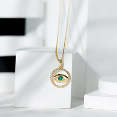 Real Emerald and Diamond Evil Eye Pendant Necklace