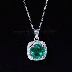 Lab Created Emerald and Moissanite Halo Pendant Necklace