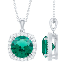 Lab Created Emerald and Moissanite Halo Pendant Necklace