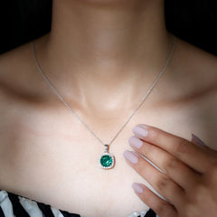 Lab Created Emerald and Moissanite Halo Pendant Necklace