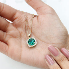 Lab Created Emerald and Moissanite Halo Pendant Necklace