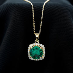 Lab Created Emerald and Moissanite Halo Pendant Necklace