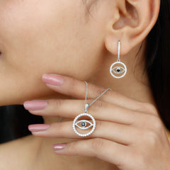 Black Onyx Evil Eye Necklace and Earrings Set with Certificate