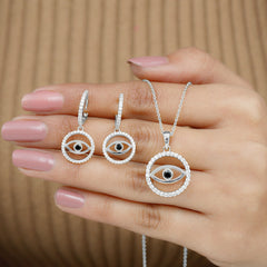 Black Onyx Evil Eye Necklace and Earrings Set with Certificate