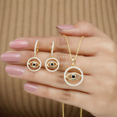 Black Onyx Evil Eye Necklace and Earrings Set with Certificate