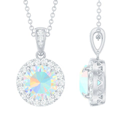 2 Carat Ethiopian Opal and Moissanite Halo Necklace with Silver Chain
