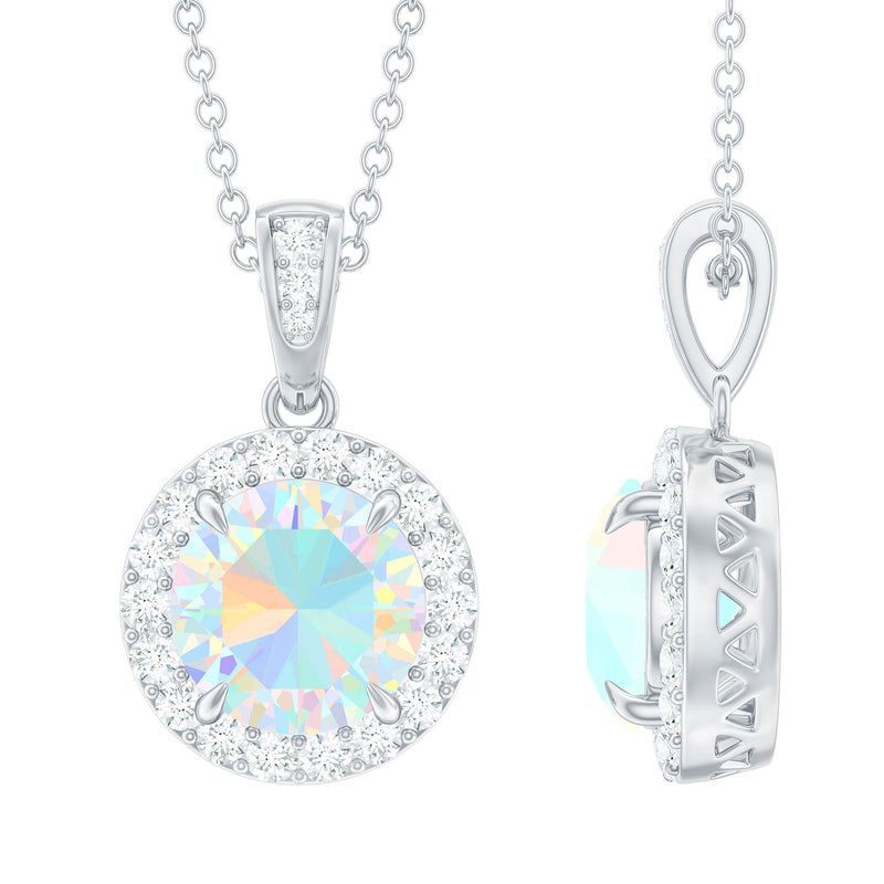 2 Carat Ethiopian Opal and Moissanite Halo Necklace with Silver Chain