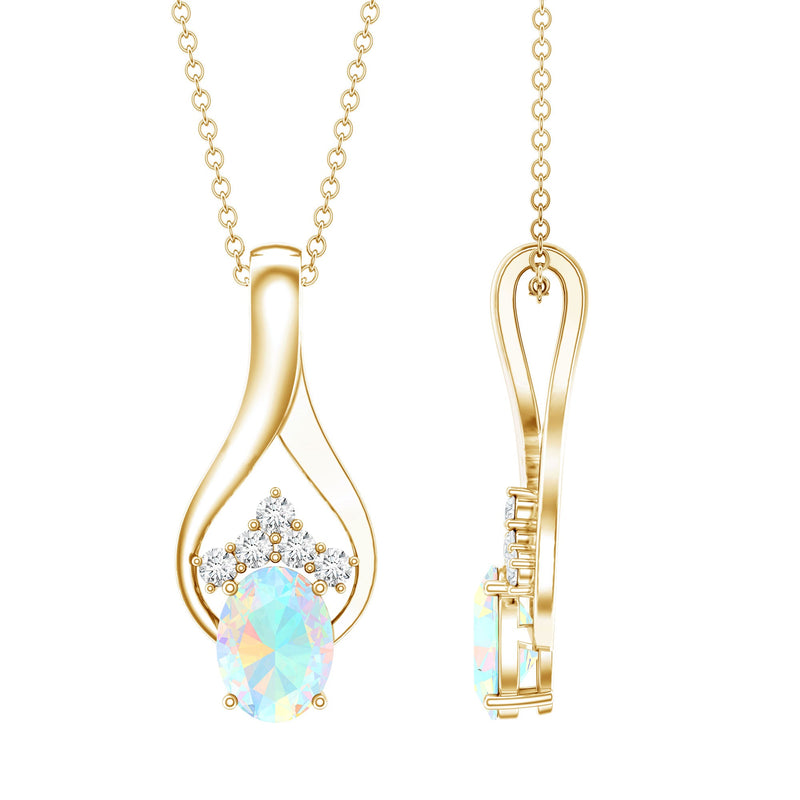 Natural Oval Ethiopian Opal and Moissanite Teardrop Necklace With Chain