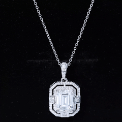 Vintage Style Emerald Cut Moissanite Halo Pendant Necklace